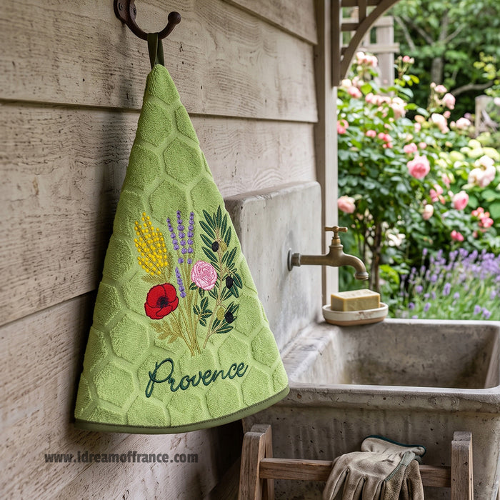 French Hand Towel - Terry cotton - Round hanging - Provence bouquet green | Coton Blanc - Lifestyle
