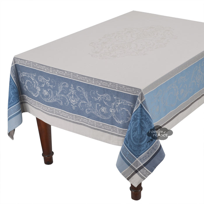 62" Square Versailles Gray & Blue French Jacquard Tablecloth with Teflon