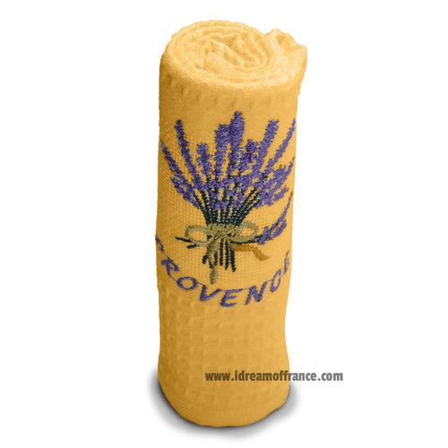 French kitchen towel - Waffle-weave - Embroidered - Lavender bouquet yellow | Cotton Blanc
