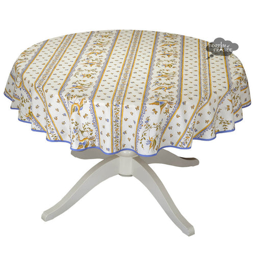 58" Round Moustiers Blue & Cream Coated Cotton Tablecloth by Tissus Toselli