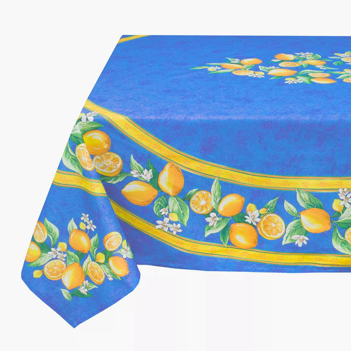 60x96" Rectangular Lemons Blue Acrylic-Coated Cotton Tablecloth by Tissus Toselli