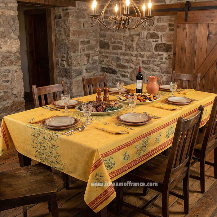 Clos des Oliviers yellow acrylic-coated-cotton tablecloth by Label France