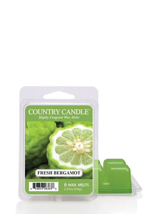 Green wax melts package labeled "Country Candle Fresh Bergamot" with image of bergamot fruit.