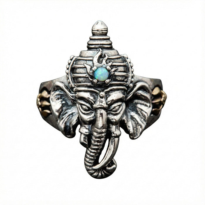Front face view of the silver Ganesh ring featuring a genuine turquoise stone on the forehead.