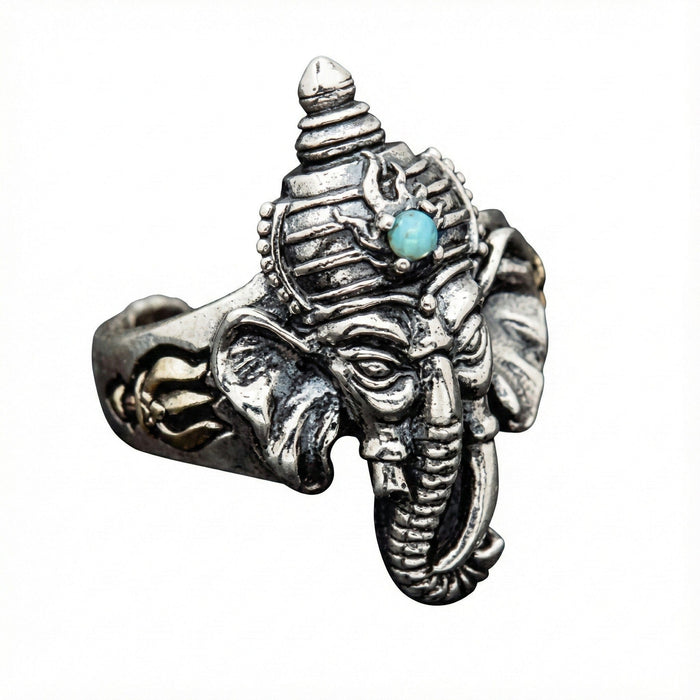 Side view of the Ganesh silver ring showing the trident symbol and adjustable open band.