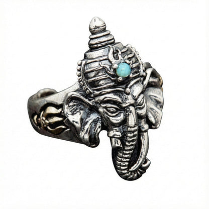 Side view of the Ganesh silver ring showing the trident symbol and adjustable open band.