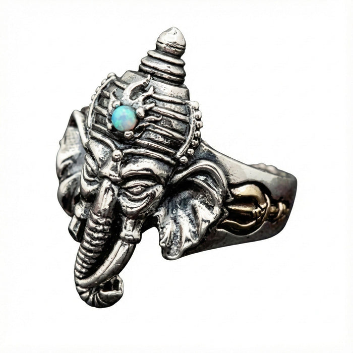 Angled shot of the adjustable silver ring depicting the Hindu god Ganesha.