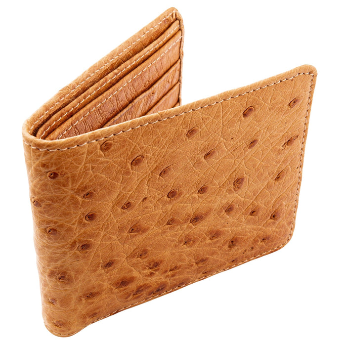 A partially open angled view of the ostrich wallet, showing the layers and texture.