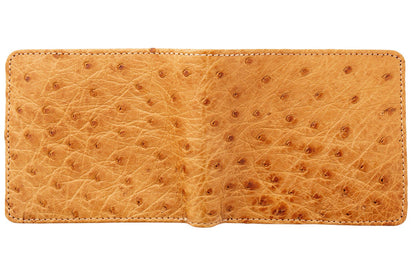 The bifold ostrich wallet shown open with the exterior visible, on a white background.