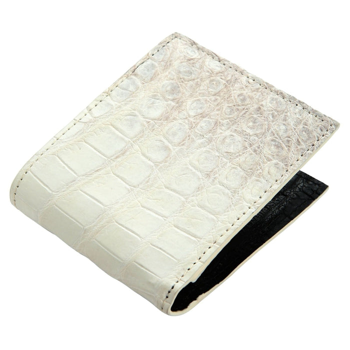 Angled perspective of wallet displaying ivory exterior and black interior contrast.