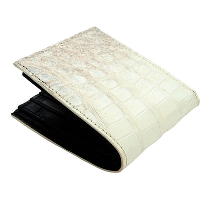 Side profile of bi-fold crocodile wallet emphasizing slim design and craftsmanship.