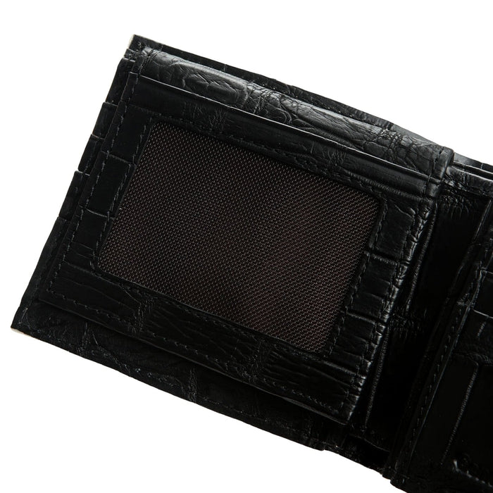Detailed shot of black crocodile leather lining inside the wallet.