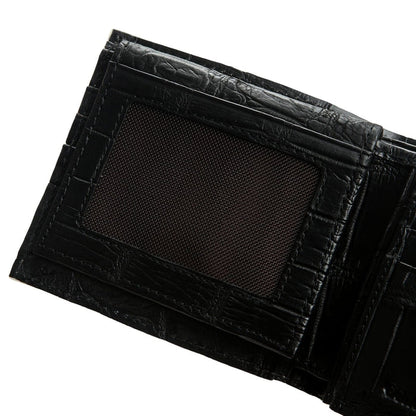 Detailed shot of black crocodile leather lining inside the wallet.
