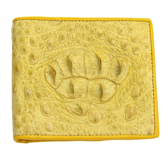 The front of the men's yellow crocodile hornback wallet, showing the bony scales.