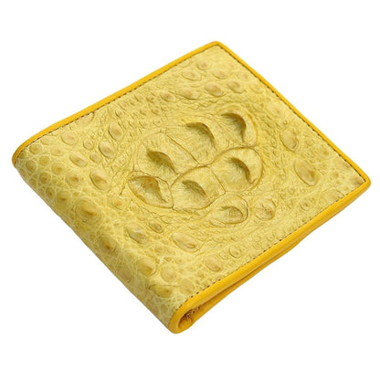 An angled view of the men's yellow crocodile wallet, highlighting the hornback texture.
