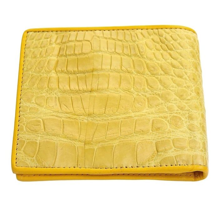 The back view of the yellow crocodile bifold wallet, showing the flank skin scales.