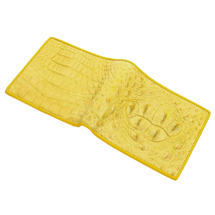 The full exterior of the yellow crocodile wallet laid flat, showing the hornback and flank skin.
