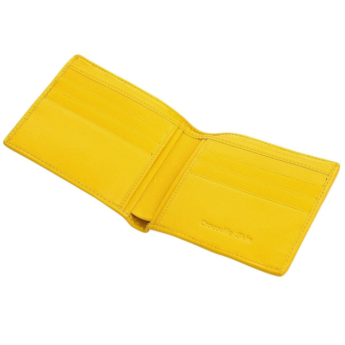 The full interior of the yellow bifold wallet, showing 10 card slots and the "Crocodile Skin" stamp.
