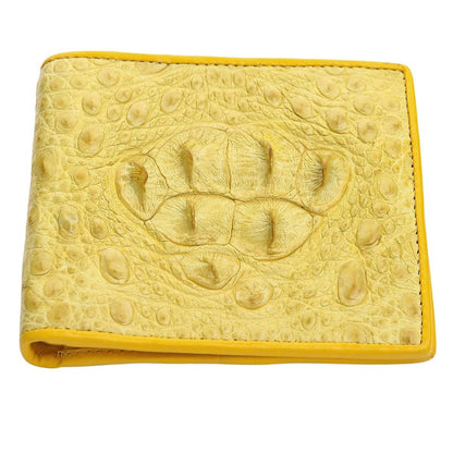 A genuine crocodile hornback wallet in a vibrant yellow color.
