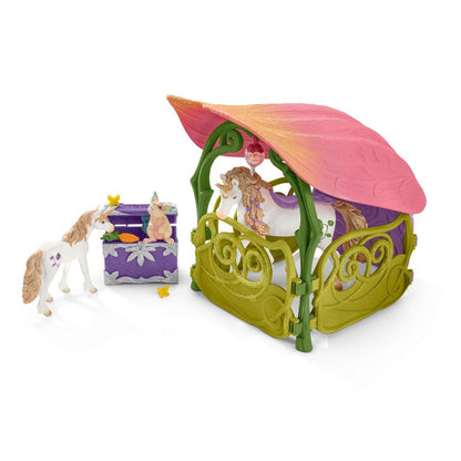 Glittering flower house with unicorns, lake and stable