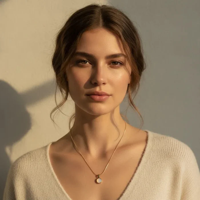 Delicate gold snake chain necklace featuring a small round moonstone pendant in a gold-toned finish