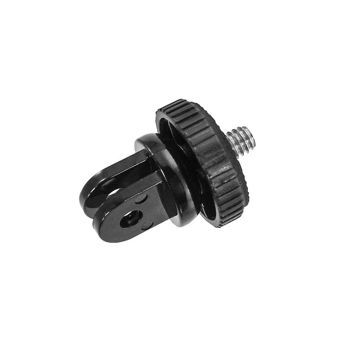 The GoPro HERO Mount Connection to 1/4-20 Camera Mount Adapter is a black plastic adapter with a knurled ring, metal screw, dual-slot attachment, and 1/4-20 stud for mounting cameras or GoPro HERO accessories.