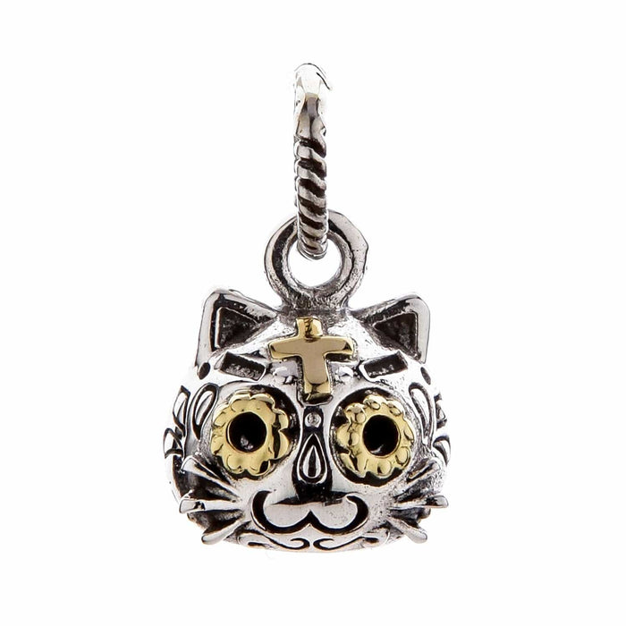 Front view of Gothic Cat Pendant Charm featuring intricate detailing and golden eyes.