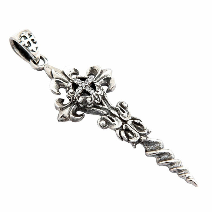 Silver gothic cross pendant featuring a twisted dagger blade, fleur-de-lis finials, and clear center stones.