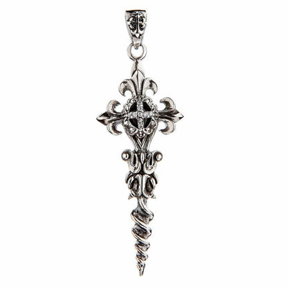 Detailed front profile of the gothic pendant showcasing the dark oxidized silver finish and twisted dagger point.