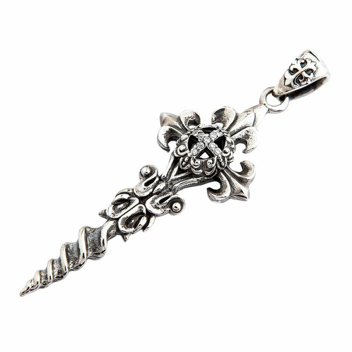 Diagonal full-length layout of the oxidized silver pendant, displaying the stone-set cross guard and patterned bail.