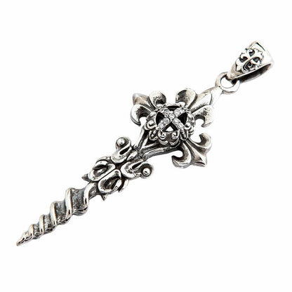 Diagonal full-length layout of the oxidized silver pendant, displaying the stone-set cross guard and patterned bail.