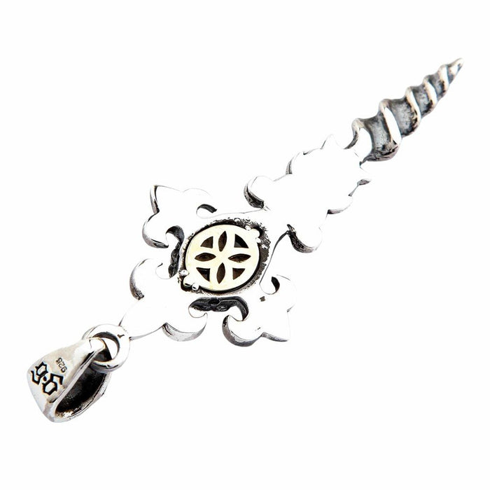 Reverse side of the silver dagger pendant displaying a 925 hallmark on the bail, flat polished back, and center cutout.