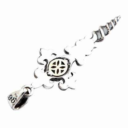 Reverse side of the silver dagger pendant displaying a 925 hallmark on the bail, flat polished back, and center cutout.
