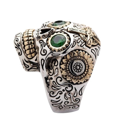 The massive 32-gram green eyes sugar skull ring spirit of Dia de los Muertos