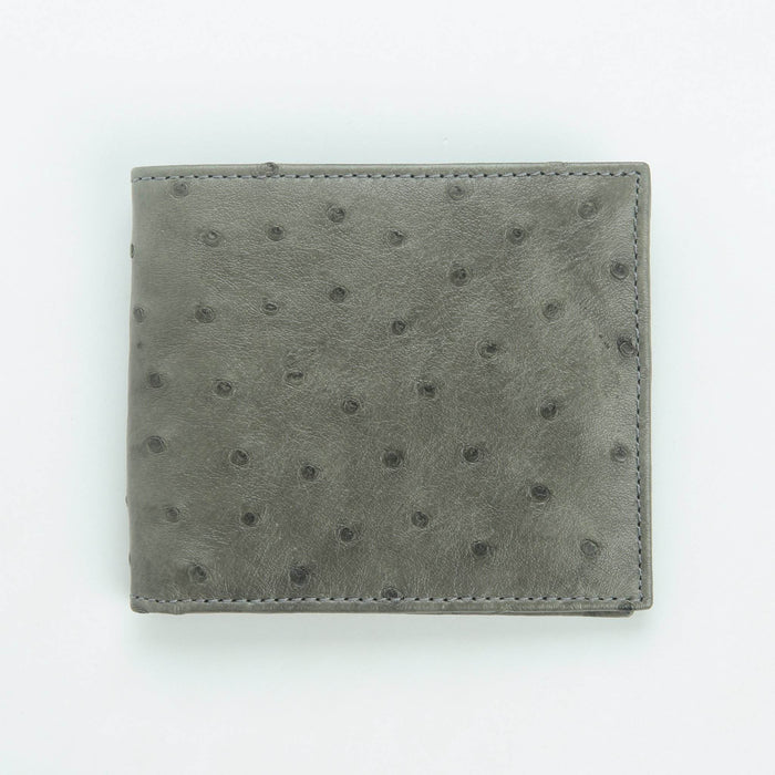 Grey ostrich leather bifold wallet front view with full-quill bump pattern