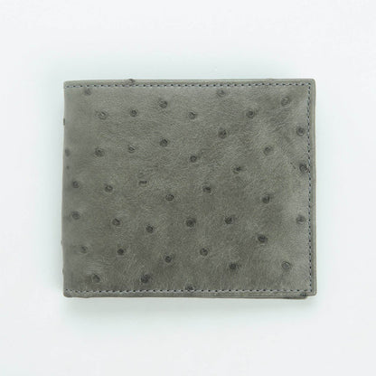 Grey ostrich leather bifold wallet front view with full-quill bump pattern