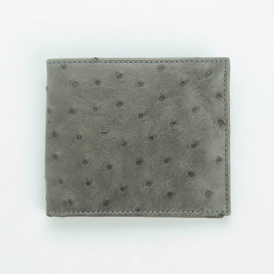 Grey ostrich leather bifold wallet front view with full-quill bump pattern
