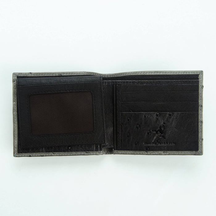 Bifold interior with card slots, ID window, and black ostrich accent panels