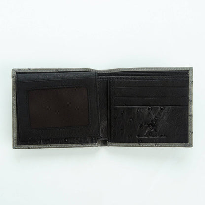 Bifold interior with card slots, ID window, and black ostrich accent panels