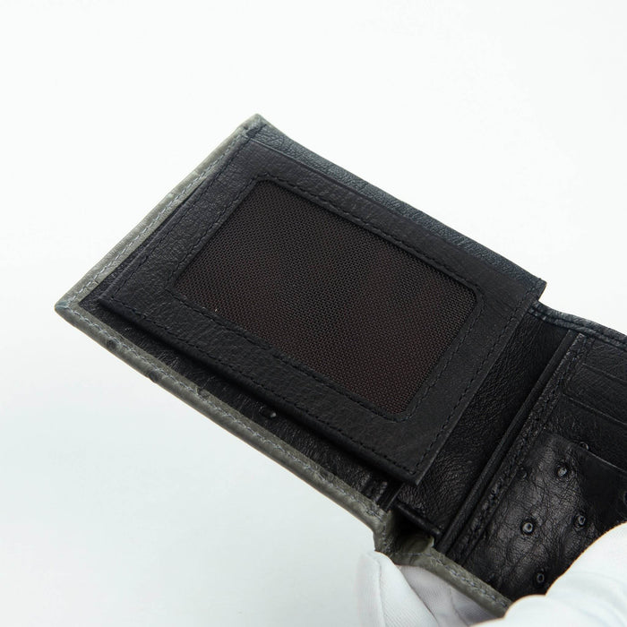 ID window close-up on ostrich bifold with flip-up clear panel
