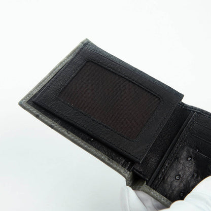 ID window close-up on ostrich bifold with flip-up clear panel