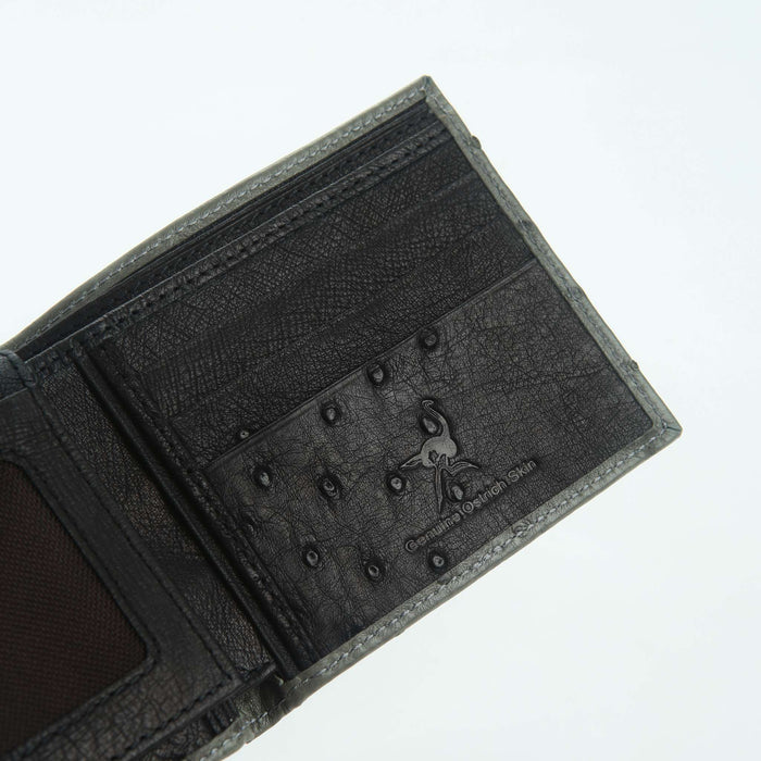 Black ostrich accent panel with Genuine Ostrich Skin embossed logo