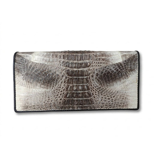 Grey two-tone tail crocodile leather long wallet front, showing tight packed scale rows in cream and pewter.