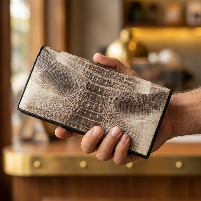 Mens hand holding tail crocodile long wallet against warm leather workshop background.
