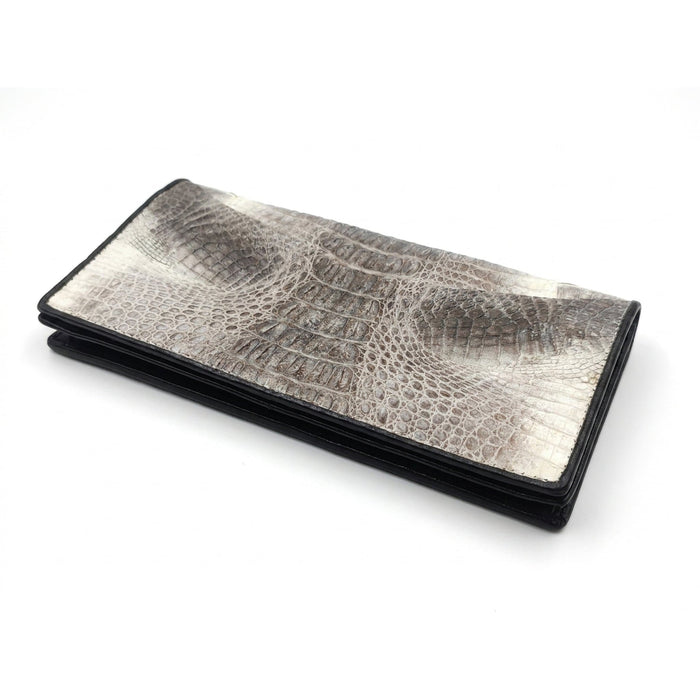 Angled view of grey tail crocodile bifold long wallet, scale grid catching light across the surface.
