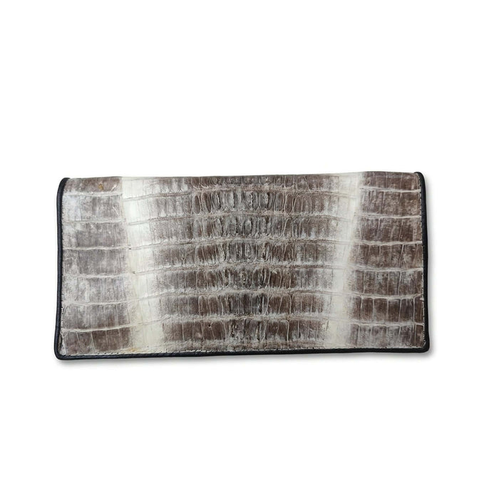 Back face of tail crocodile long wallet in grey two-tone, horizontal scale banding clearly visible.