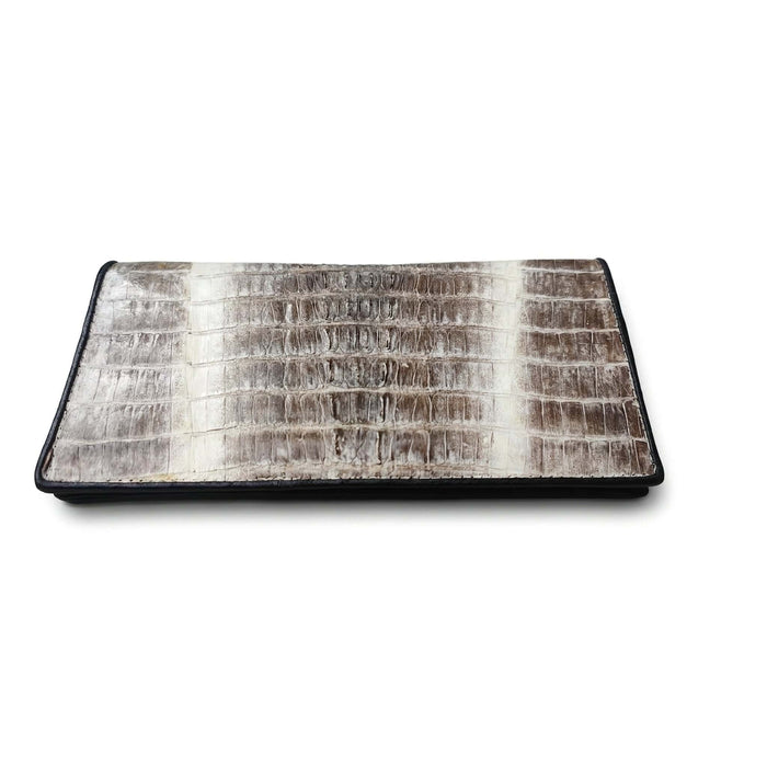 Perspective shot of tail crocodile wallet belly side, showing smoother horizontal scale pattern.