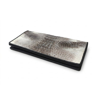 Side profile of grey tail crocodile wallet showing slim long-format thickness and stitched edge.