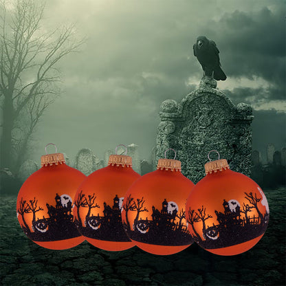 Halloween Tree Ornaments - 67mm/2.625" Decorated Glass Balls from Christmas by Krebs - Handmade Seamless Hanging Holiday Decorations for Trees - Set of 4 (Velvet Wildfire Orange with Graveyard)
