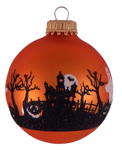 Halloween Tree Ornaments - 67mm/2.625" Decorated Glass Balls from Christmas by Krebs - Handmade Seamless Hanging Holiday Decorations for Trees - Set of 4 (Velvet Wildfire Orange with Graveyard)
